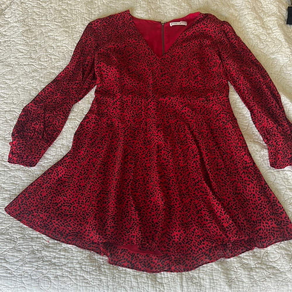 Alice + Olivia Red Fit and Flare Bishop Sleeve Dress